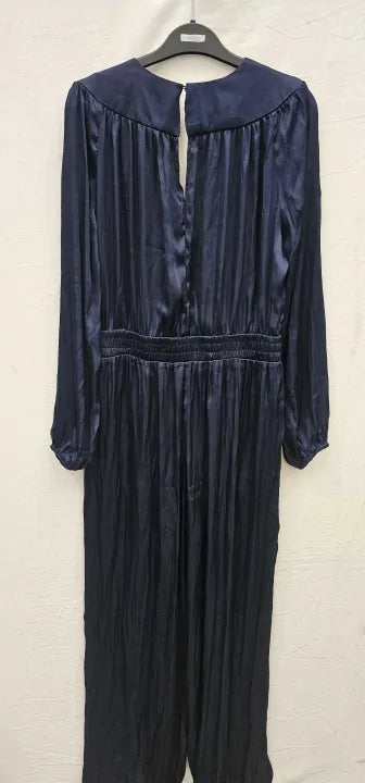 Mango-47065859-56-M-Navy-Dark Navy Wrap Neckline Satin Jumpsuit-Navy Size: M
