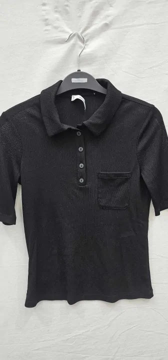 Mango-57074029-99-S-Black-Black Ribbed Polo Shirt-Black Size: S
