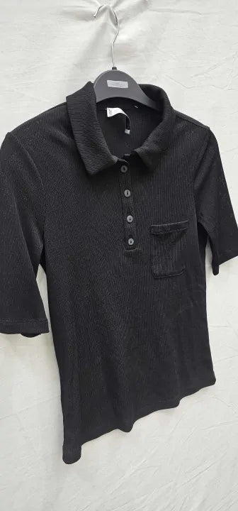 Mango-57074029-99-S-Black-Black Ribbed Polo Shirt-Black Size: S