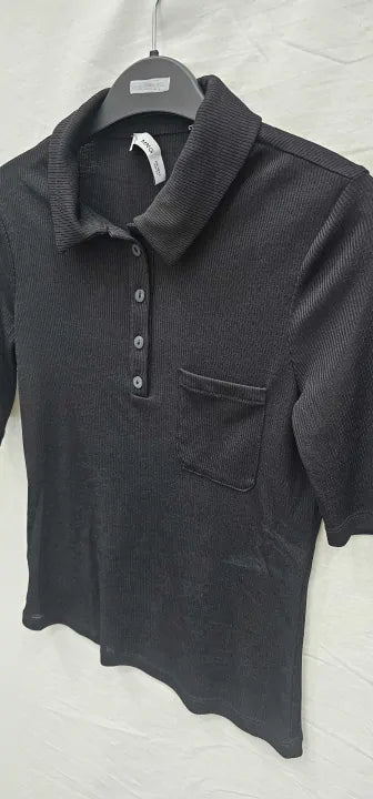 Mango-57074029-99-S-Black-Black Ribbed Polo Shirt-Black Size: S