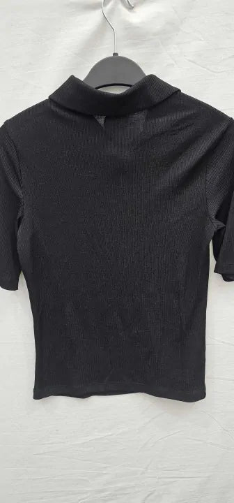 Mango-57074029-99-S-Black-Black Ribbed Polo Shirt-Black Size: S