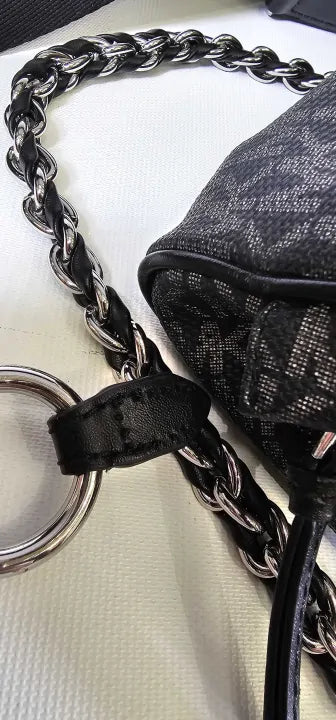 Michael Kors-30F2S04M8M02322F-*-Black-Black And Silver Slater Medium Sling Pack Messenger Bag-Black