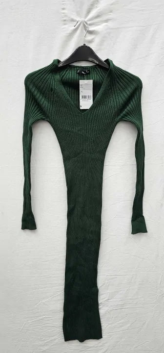 Mango - Green Ribbed V-Neck Dress - Green Size: Xs