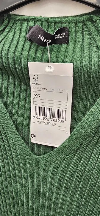 Mango - Green Ribbed V-Neck Dress - Green Size: Xs