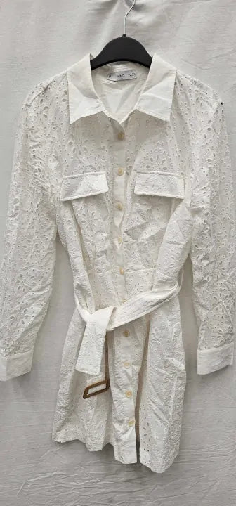Mango - White Swiss Embroidered Shirt Dress - White Size: M