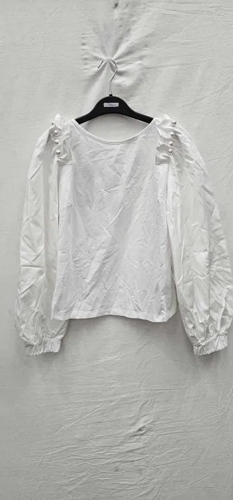 Mother Of Pearl - White Bishop Pearl Embellished Top - White Size: Uk12