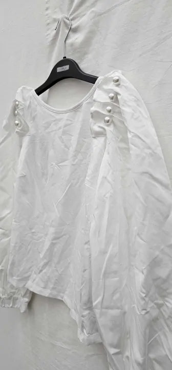 Mother Of Pearl - White Bishop Pearl Embellished Top - White Size: Uk12