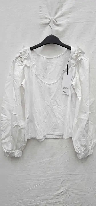 Mother Of Pearl - White Bishop Pearl Embellished Top - White Size: Uk12