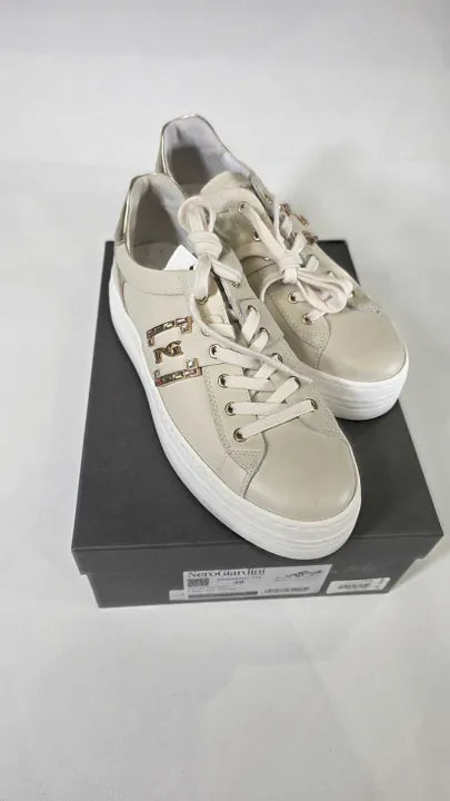 Nerogiardini - Beige Detailed Leather Flatform Trainers Size: Uk 6