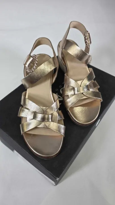 Jones Bootmaker - Women's Gold Loriana Woven Wedge Espadrilles Size: Uk 4
