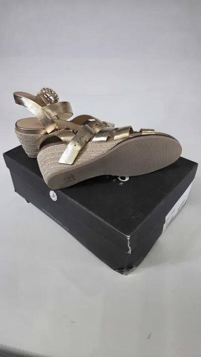 Jones Bootmaker - Women's Gold Loriana Woven Wedge Espadrilles Size: Uk 4