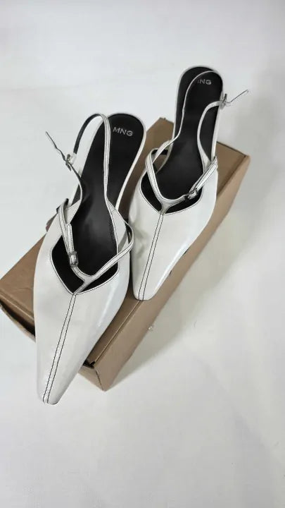 Mango - White Slingback Kitten Heeled Shoes Size: Uk 7