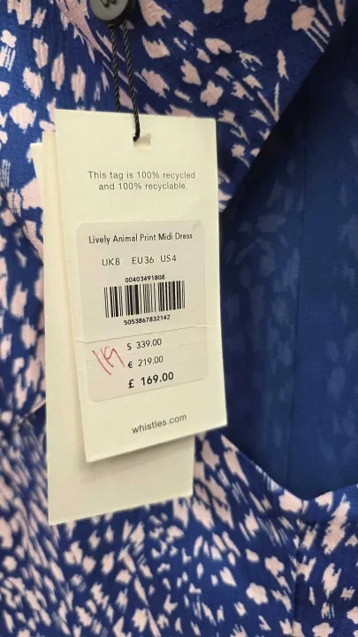 Whistles - Blue Lively Animal Print Midi Dress Size: Uk 8