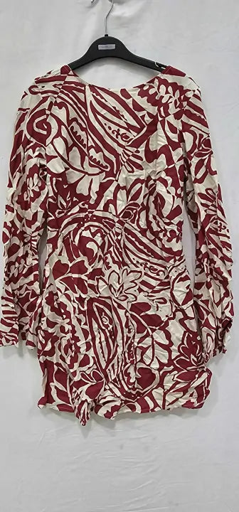 Asos Design Viscose Slash Neck Mini Dress With V-back Detail In Red Print Size: Uk16
