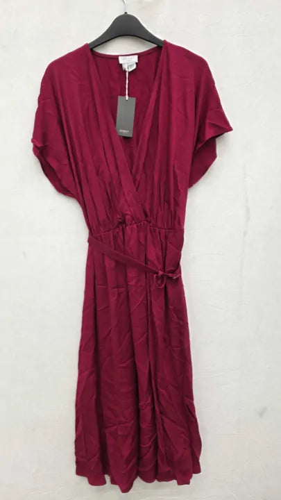 Ghost - Raspberry Satin Gathered Midi Dress Size: Uk 14