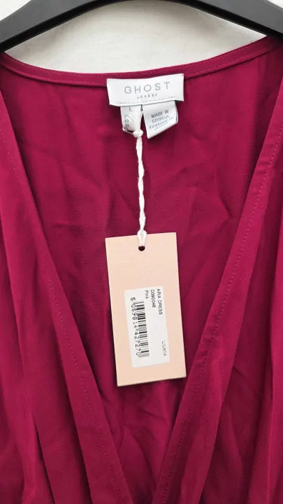 Ghost - Raspberry Satin Gathered Midi Dress Size: Uk 14