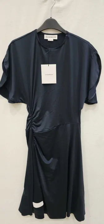 Victoria Beckham - Navy Petal Sleeve Ruched Midi Dress - Blue Size: Uk10