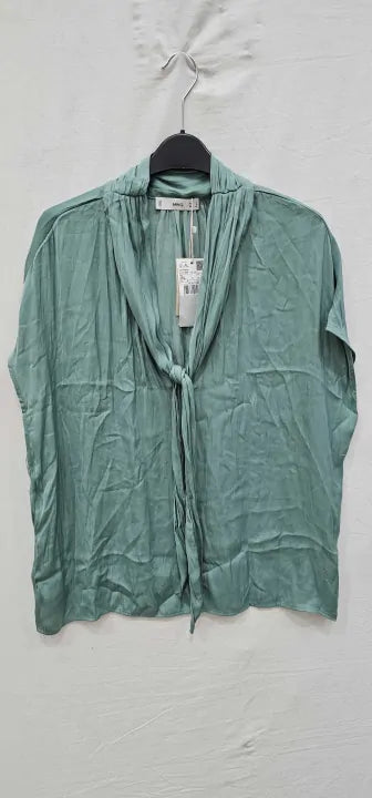 Mango-37074028-40-23-green-mint Bow Satin Blouse-green Size: Uk14