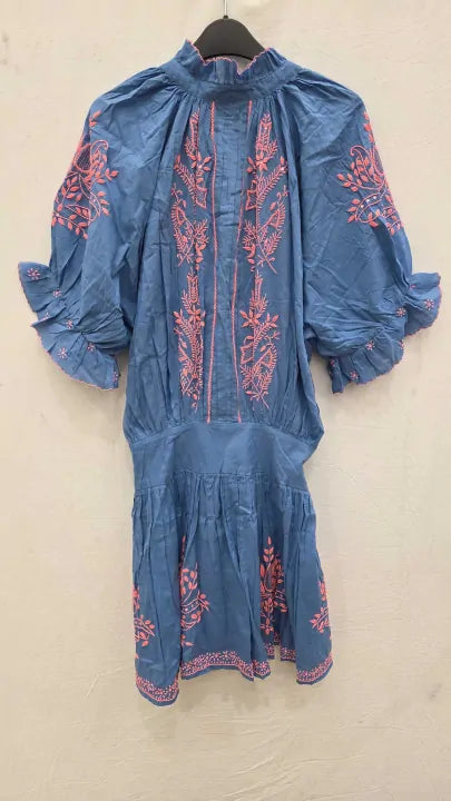 Juliet Dunn - Blue Blouson Dress With Embroidery Size: 41974