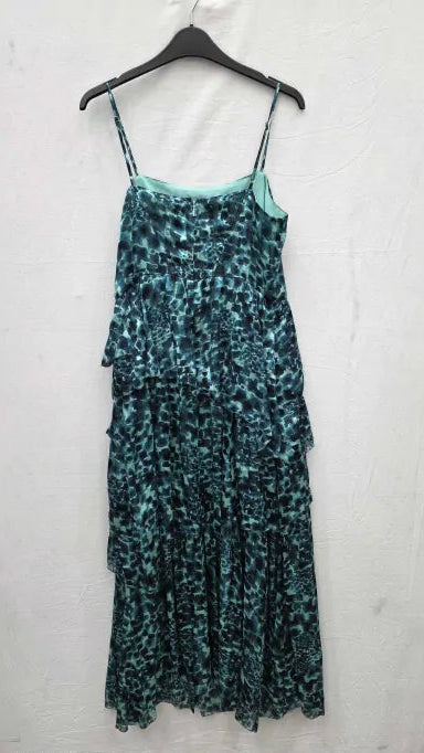 Whistles - Green Watercolour Tiered Midi Dress Size: Uk 12