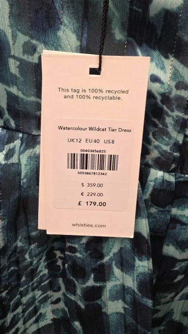 Tag on a watercolor wildcat tier dress with recycling information and pricing.