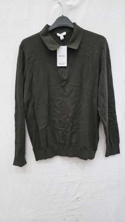 Reiss - Khaki Aidan Half Zip Cotton Jumper Size: S