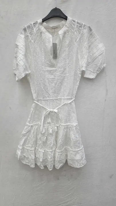 Poupette St Barth Della Flutter Sleeve White Eyelet Ruffled Mini Dress Size: Medium