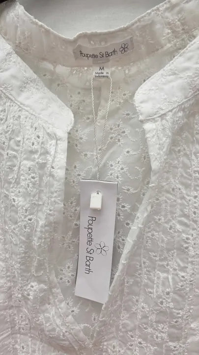 Poupette St Barth Della Flutter Sleeve White Eyelet Ruffled Mini Dress Size: Medium