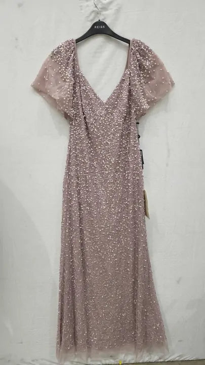 Adrianna Papell - Pink Beaded Mesh Maxi Dress Size: Uk 10