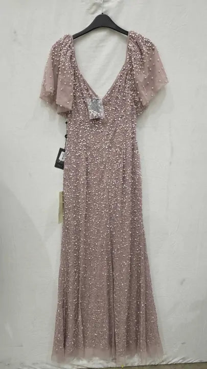 Adrianna Papell - Pink Beaded Mesh Maxi Dress Size: Uk 10