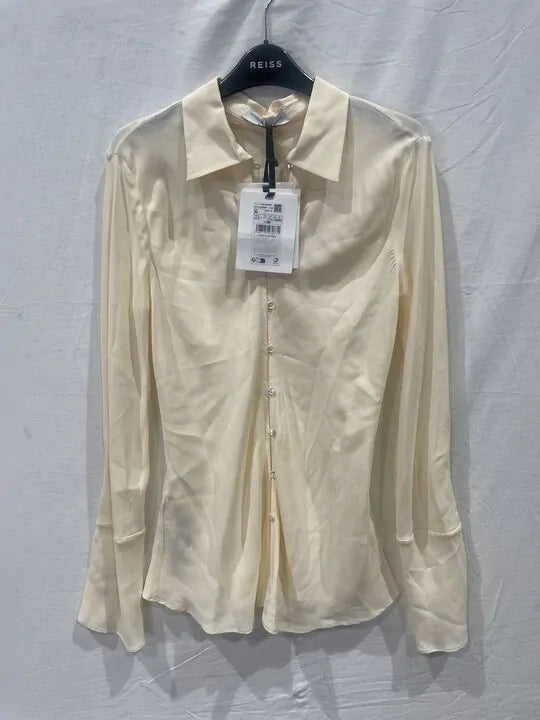 Mango X Victoria Beckham - Cream Button Up Silk Blend Shirt Size: Medium
