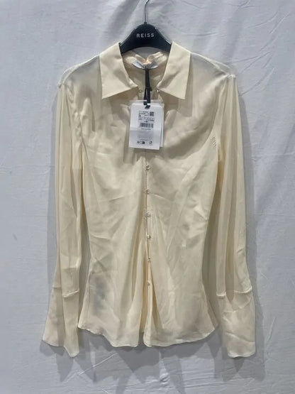 Mango X Victoria Beckham - Cream Button Up Silk Blend Shirt Size: Medium