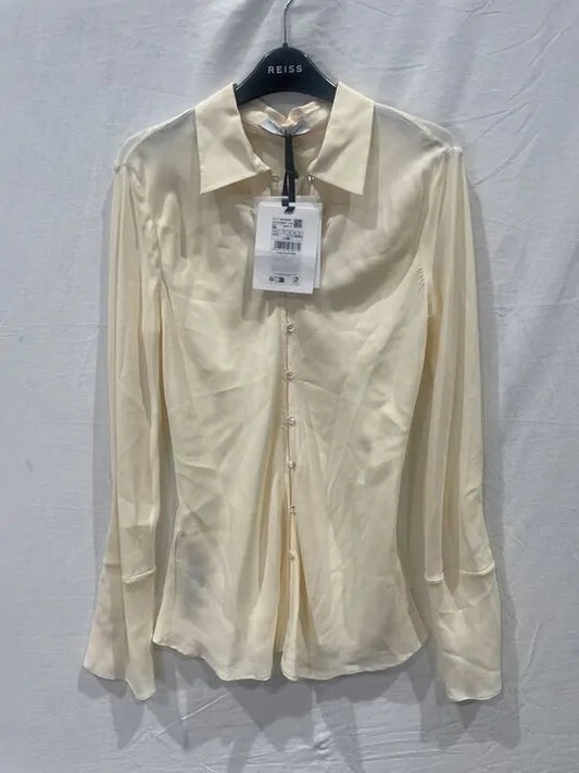 Mango X Victoria Beckham - Cream Button Up Silk Blend Shirt Size: Medium