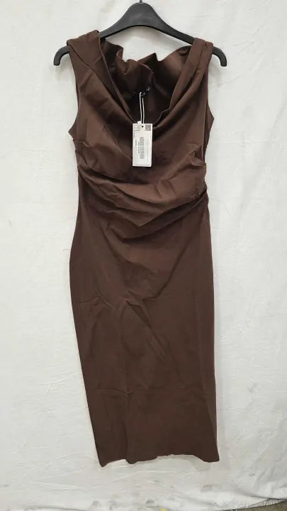 Mango - Chocolate Off-the-shoulder Draped Dress Size: Large