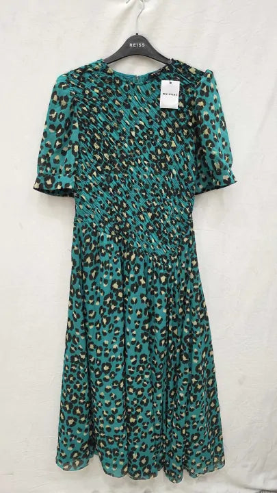 Whistles - Green Painted Leopard Shirred Dress Size: Uk 16