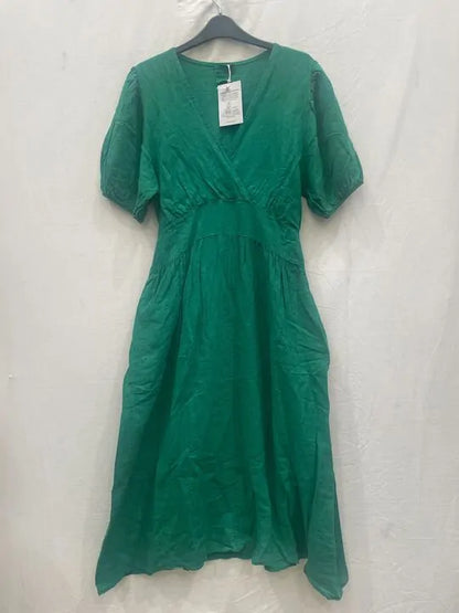 Rodier - Green Puff Sleeve Linen Midi Dress Size: M/l