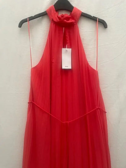 Mango - Coral Red Pleated Halter Neck Dress Size: Small