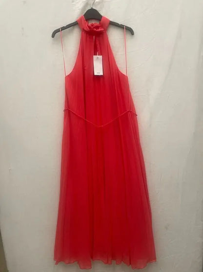 Mango - Coral Red Pleated Halter Neck Dress Size: Small