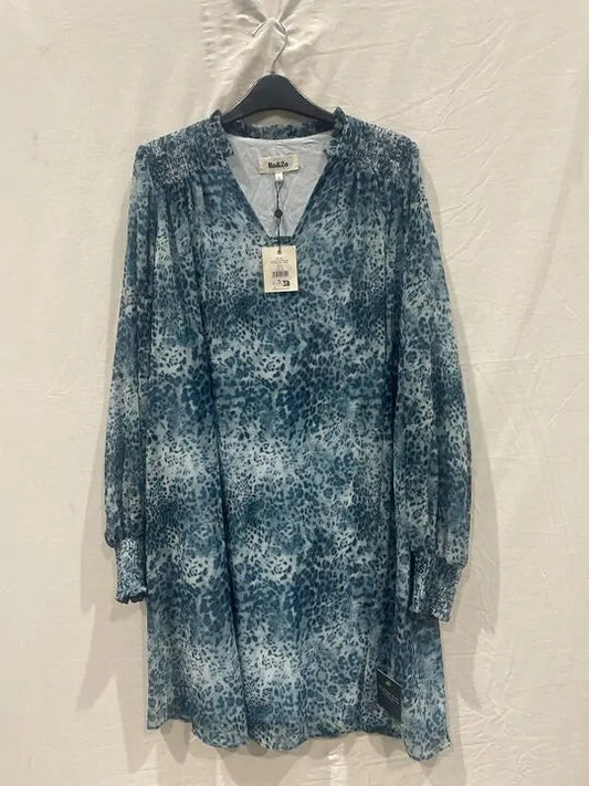 Ro & Zo - Blue Leopard Print Shirred Shoulder Mini Dress Size: Uk 12