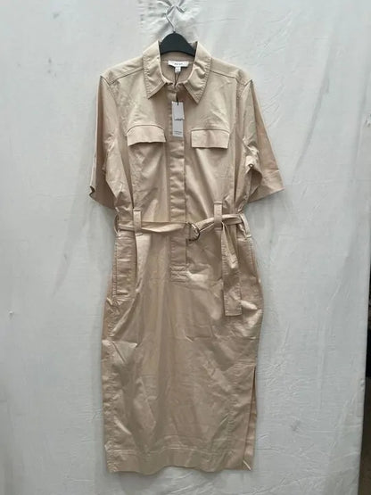 Reiss - Stone Cotton Blend Utility Belted Midi Dress Size: Uk 12