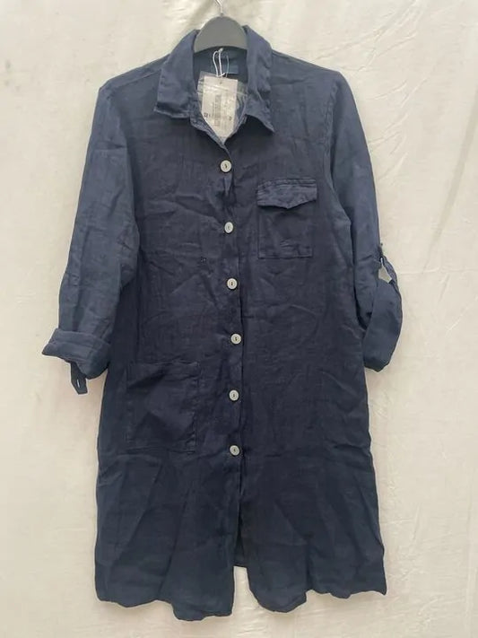 Rodier - Navy Button Through Linen Shirt Dress Size: M/l