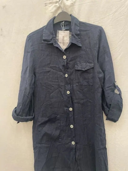 Rodier - Navy Button Through Linen Shirt Dress Size: M/l