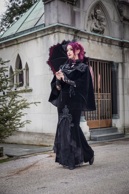 Dark In Love Cordelia Black Velvet Skirt - Gothic Fishtail Skirt Embroidered Lace
