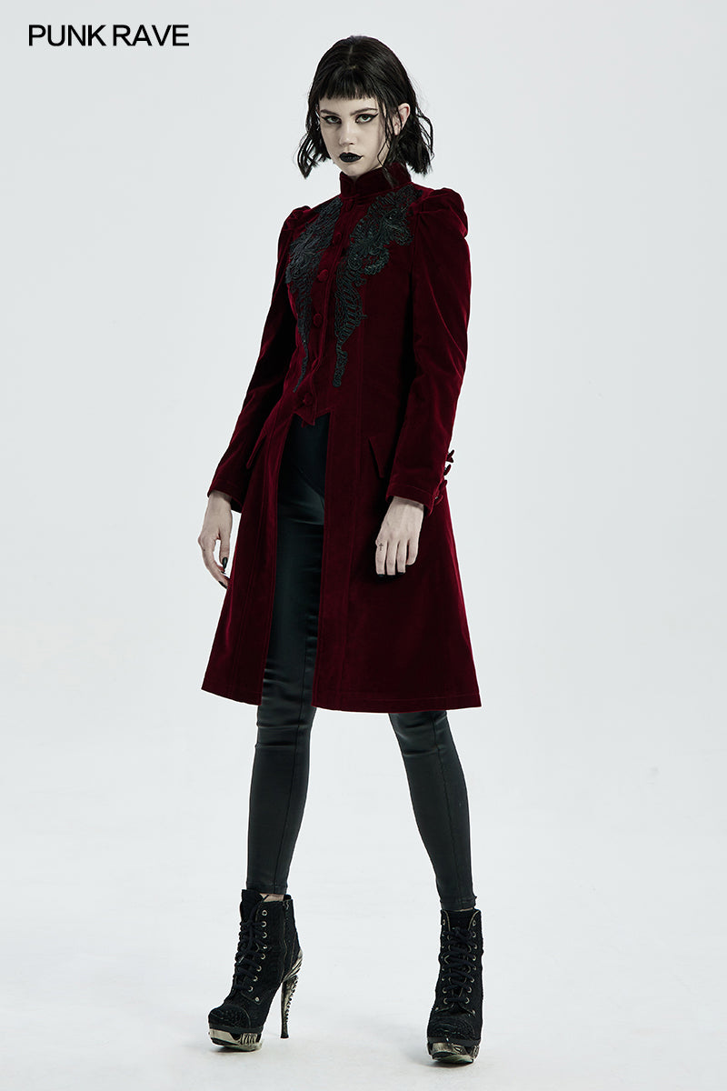 Punk Rave Nerezza Goth Mid-Length Embroidered Velvet Coat in Red