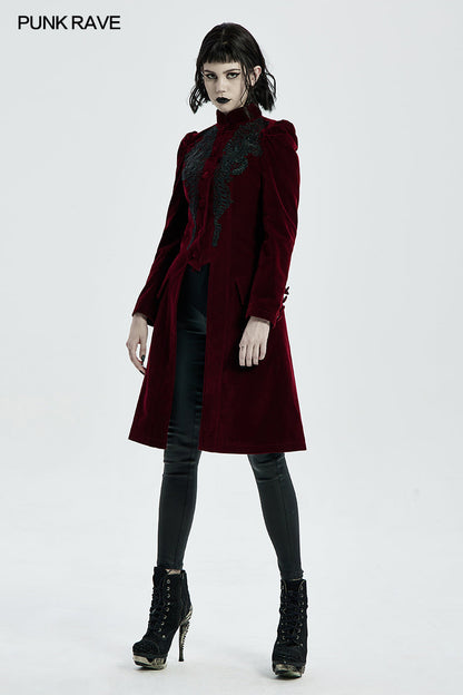 Punk Rave Nerezza Goth Mid-Length Embroidered Velvet Coat in Red