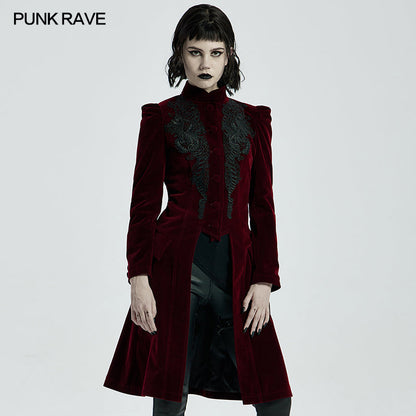 Punk Rave Nerezza Goth Mid-Length Embroidered Velvet Coat in Red