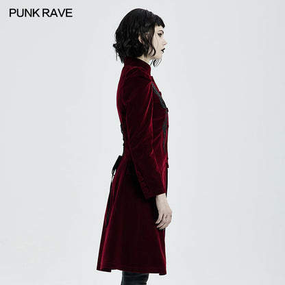 Punk Rave Nerezza Goth Mid-Length Embroidered Velvet Coat in Red