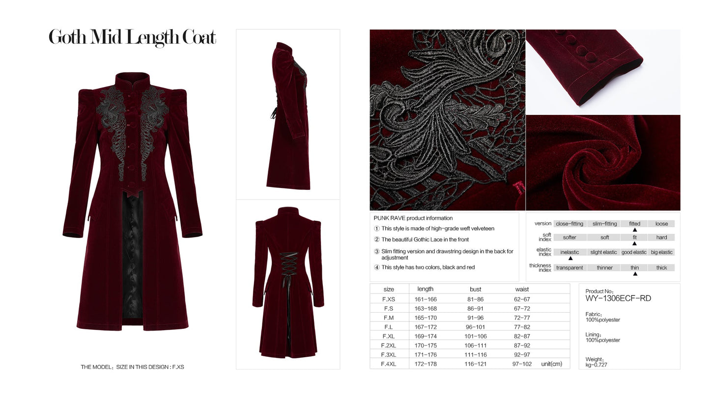 Punk Rave Nerezza Goth Mid-Length Embroidered Velvet Coat in Red