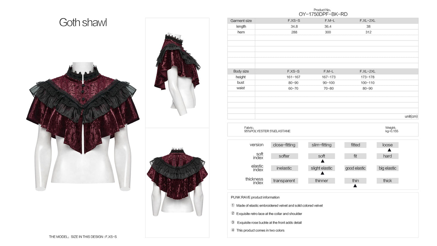 Punk Rave Elysia Velvet Ruffle Goth Shawl In Crimson