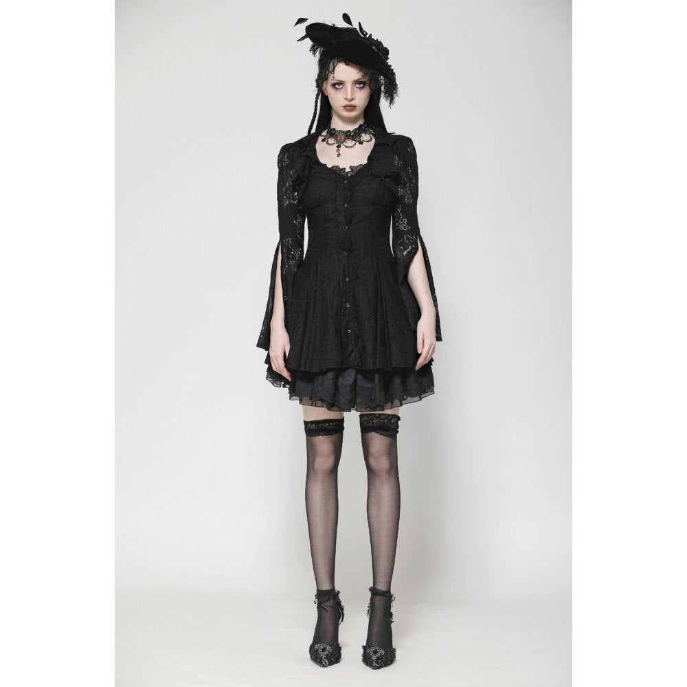 Dark in Love Luca Black Hollow Lace Gemstone Button Adjustable Waist Dress